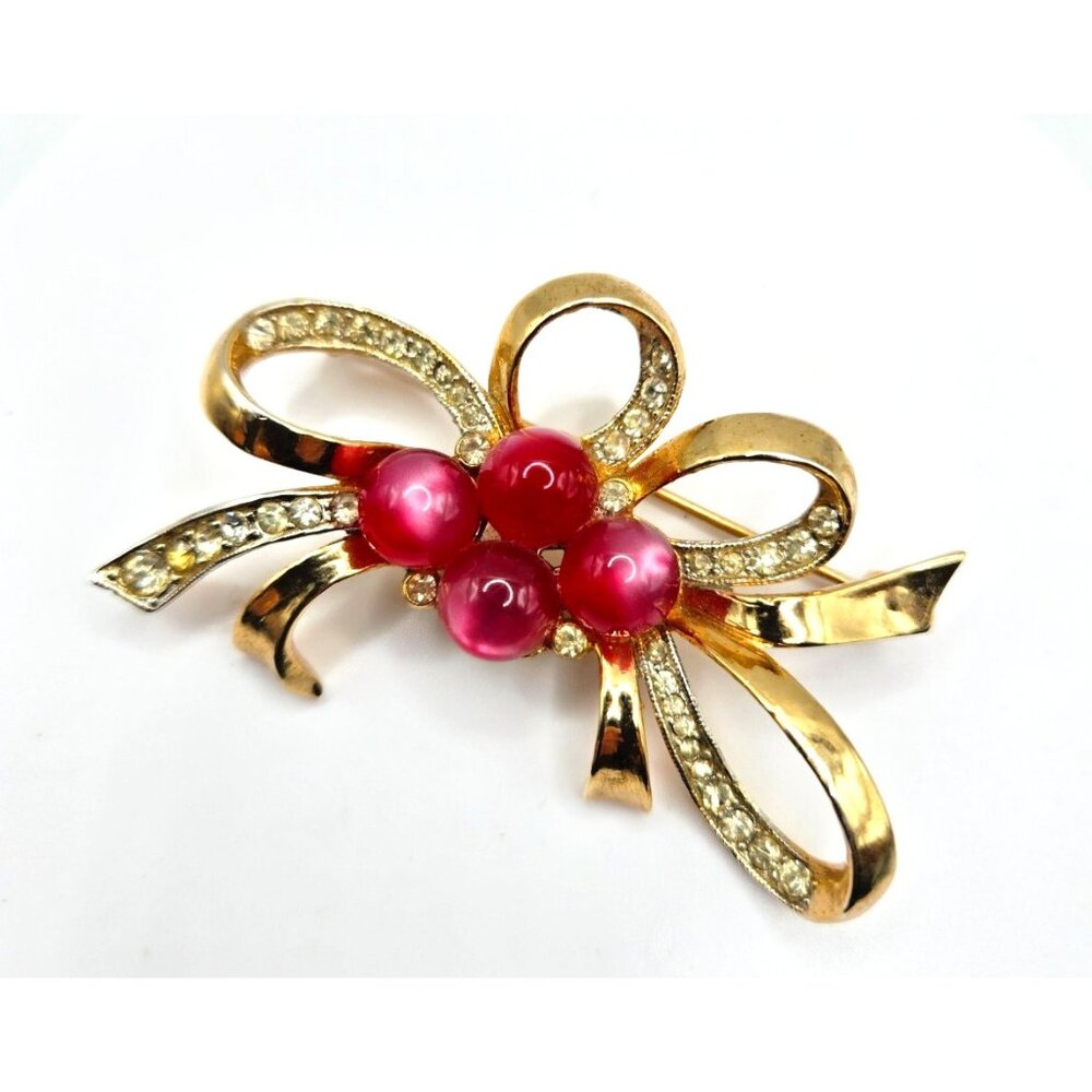 Vintage CORO PEGASUS signed Raspberry Moonstone Rhinestone Bow Brooch 40s
